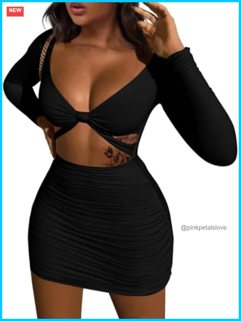 Sexy Bodycon Deep V Neck Long Sleeve Cut Out Mini Dress